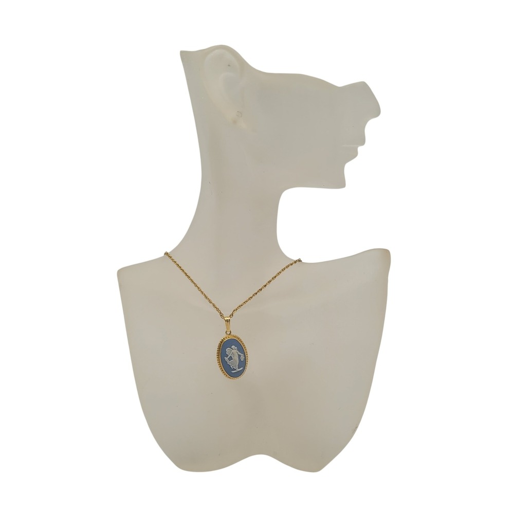 Wedgwood Jasperware Blue Cameo Pendant Necklace Gold Tone Made in England